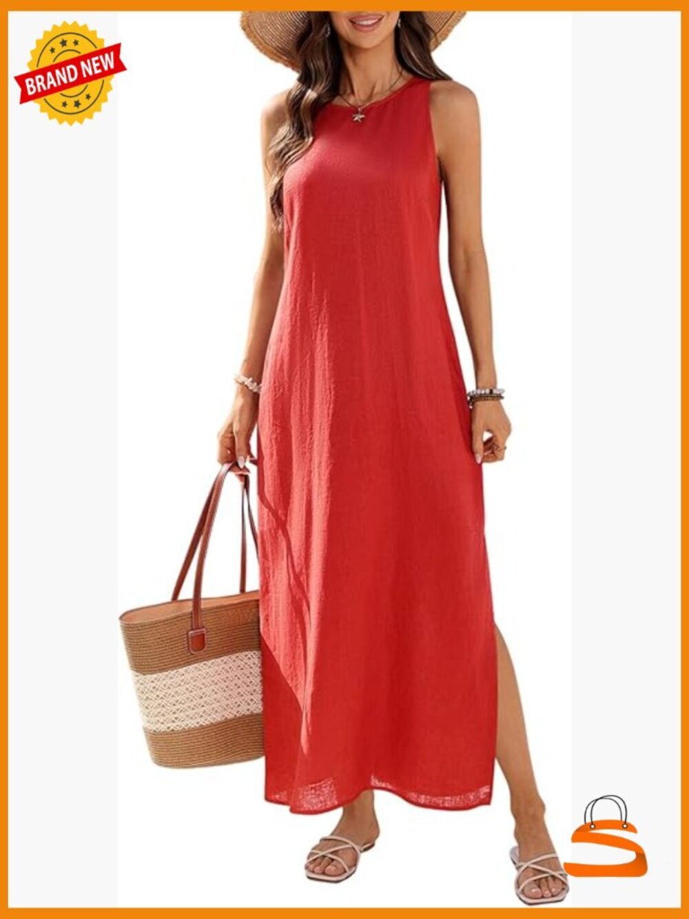 100% Linen Maxi Dress Sleeveless Crewneck Side Slit Summer
